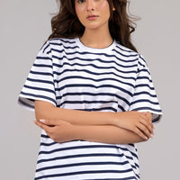 Women Blue Stripes Box Fit T-shirt 2025
