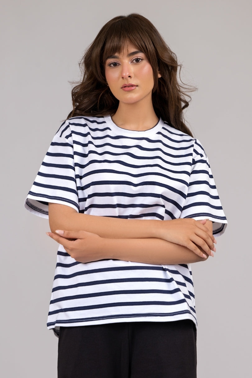 Women Blue Stripes Box-Fit Tee