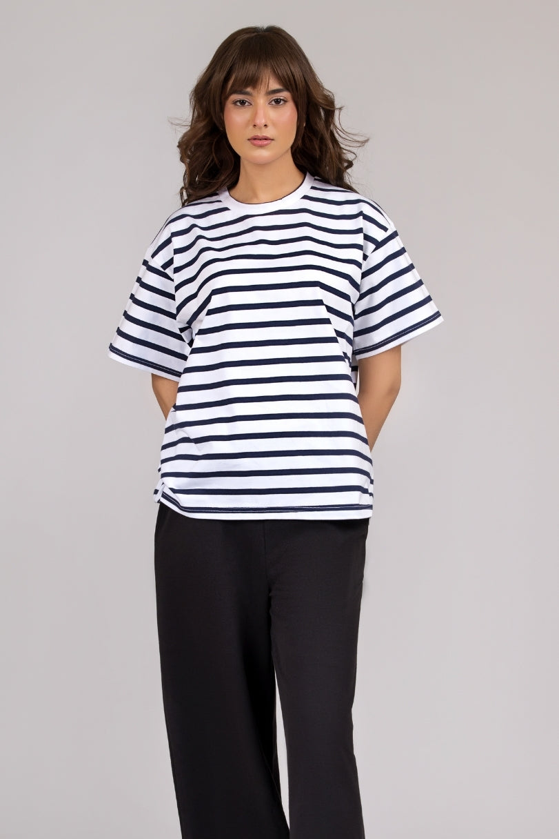 Women Blue Stripes Box-Fit Tee