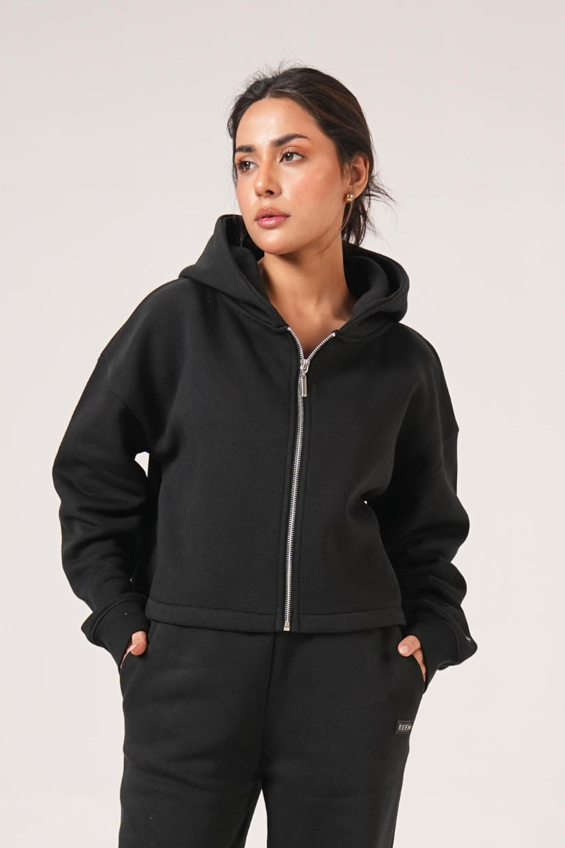 Basic Crop hoodie Co-ord set - Coal Black
