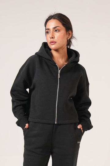 Basic Crop hoodie Co-ord set - Coal Black
