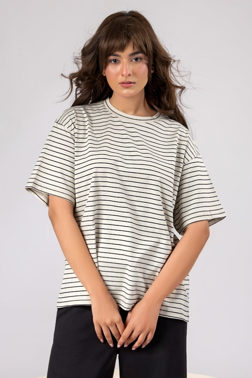 Women Black Sleek Stripes Box Fit T-shirt 2025