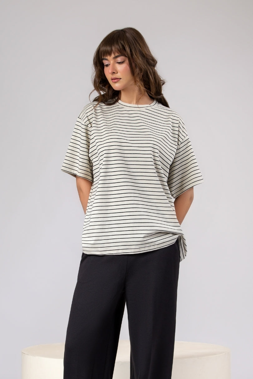 Women Black Sleek Stripes Box Fit T-shirt 2025
