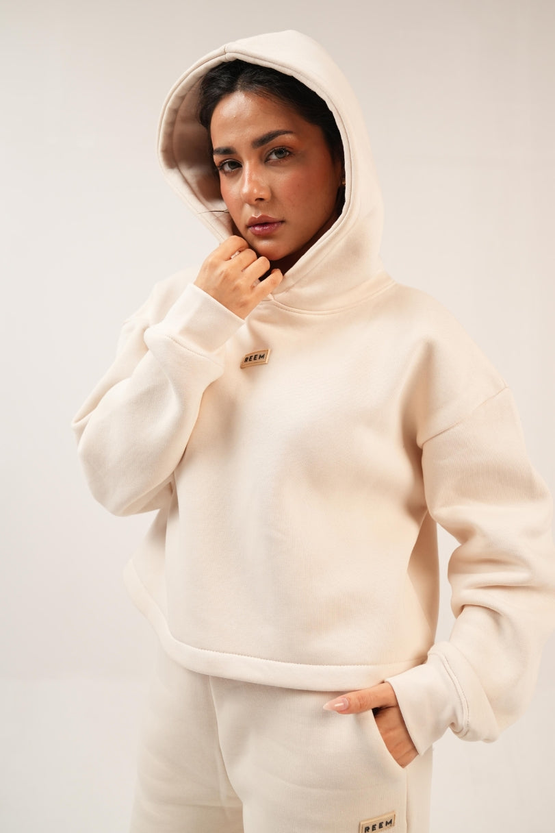 Basic Crop hoodie Co-ord Set - Beige