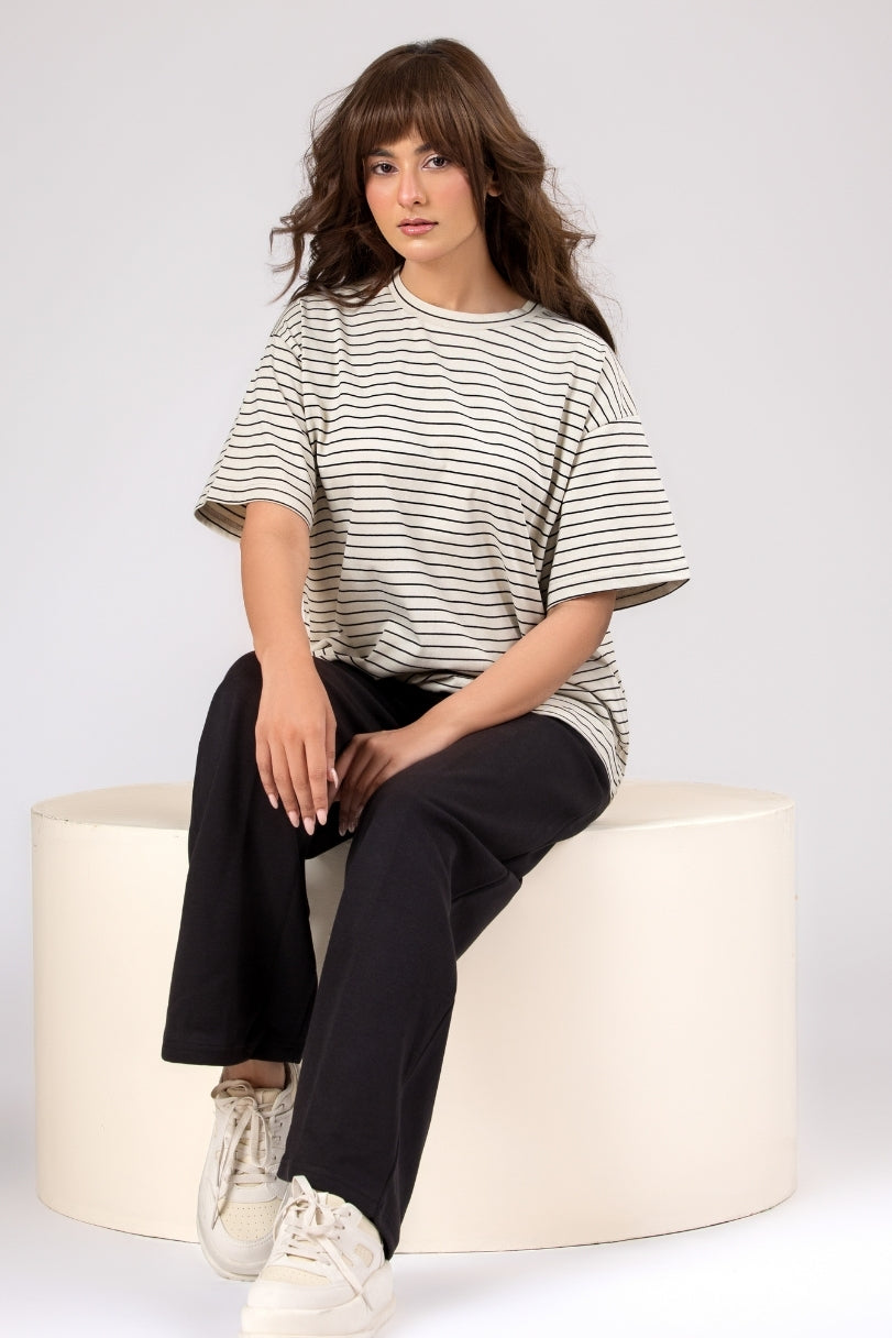 Women Black Sleek Stripes Box Fit T-shirt 2025