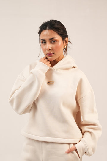 Basic Crop hoodie Co-ord Set - Beige