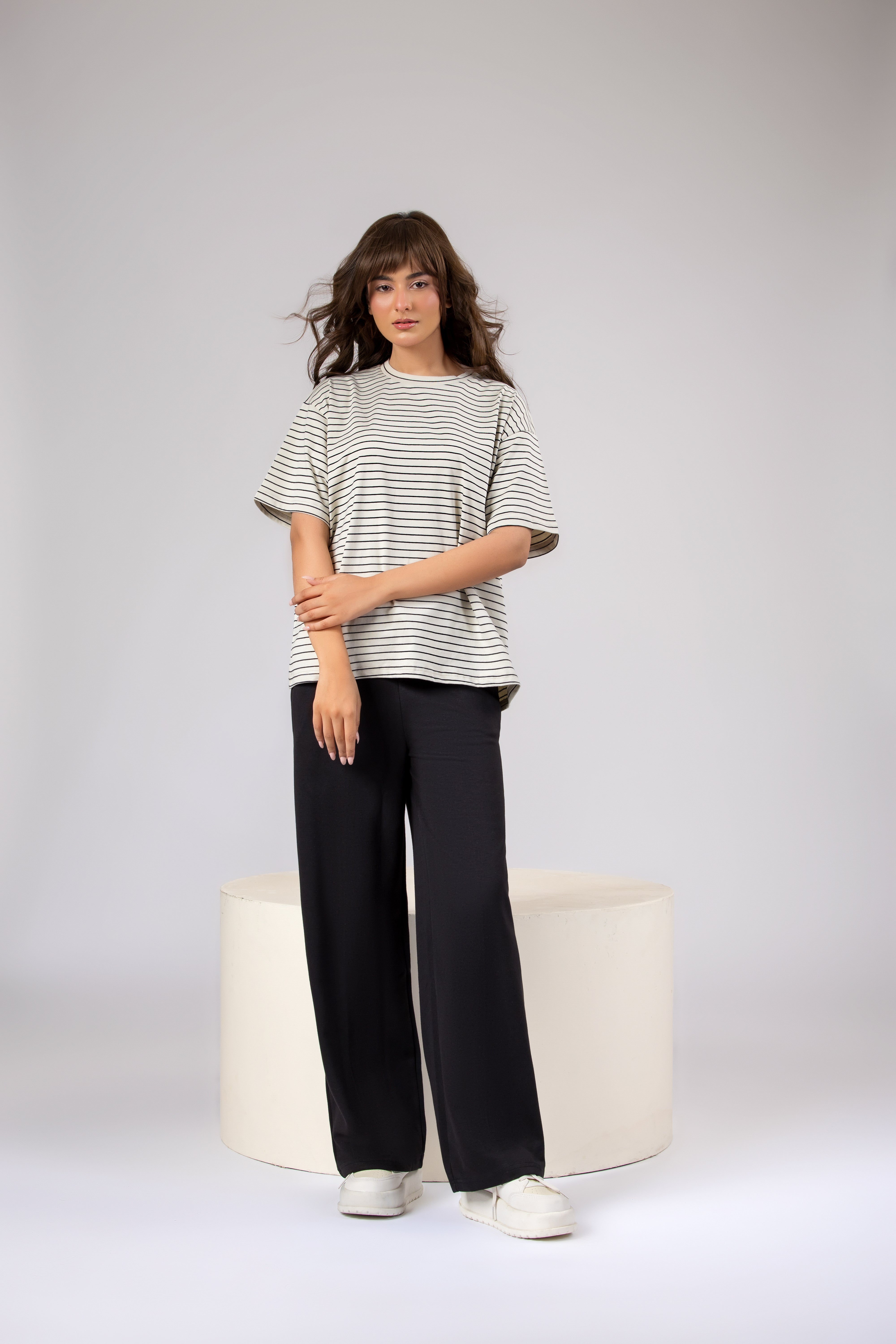 Women Blue Stripes Box-Fit Tee