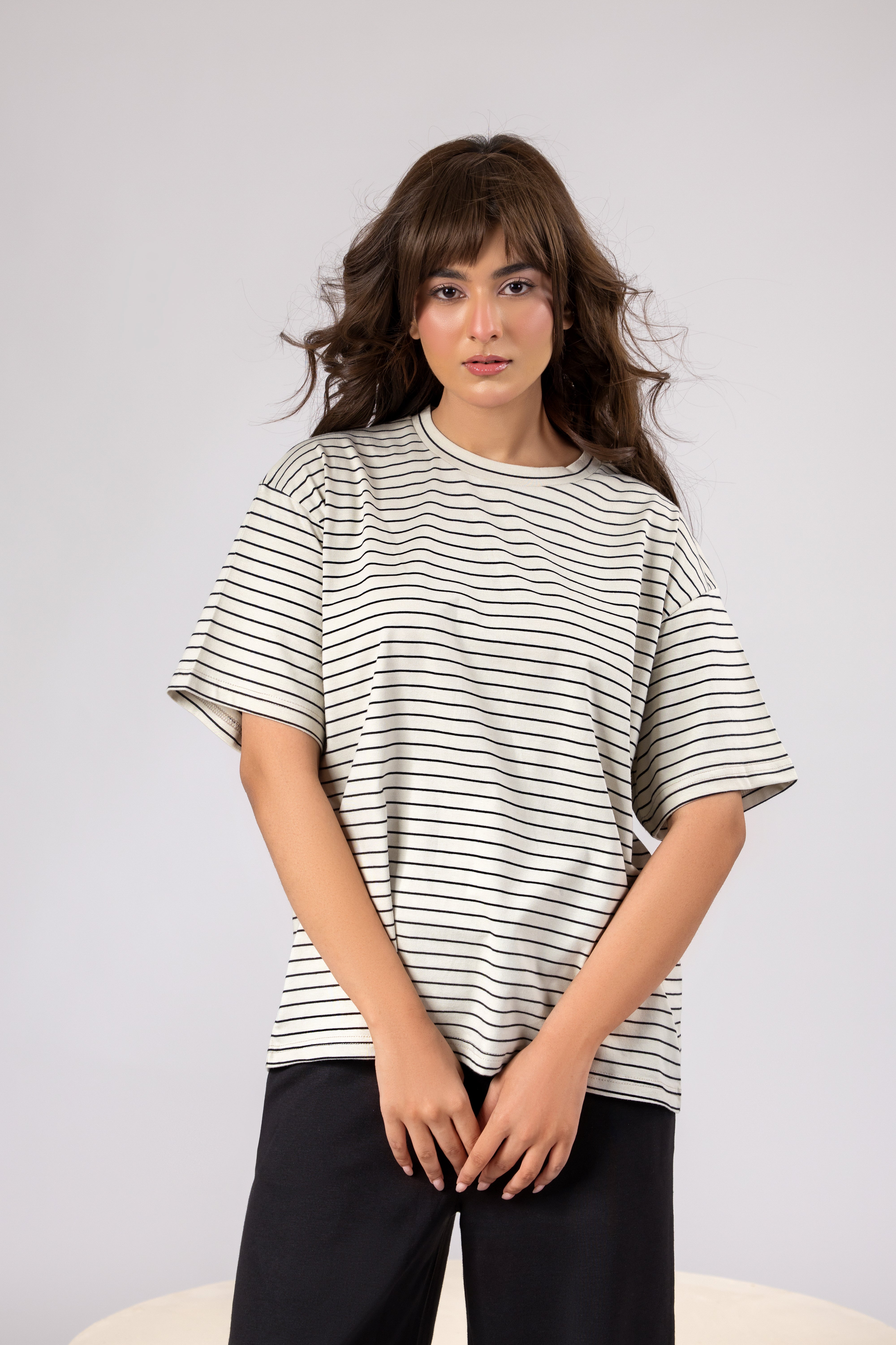 Women Blue Stripes Box-Fit Tee