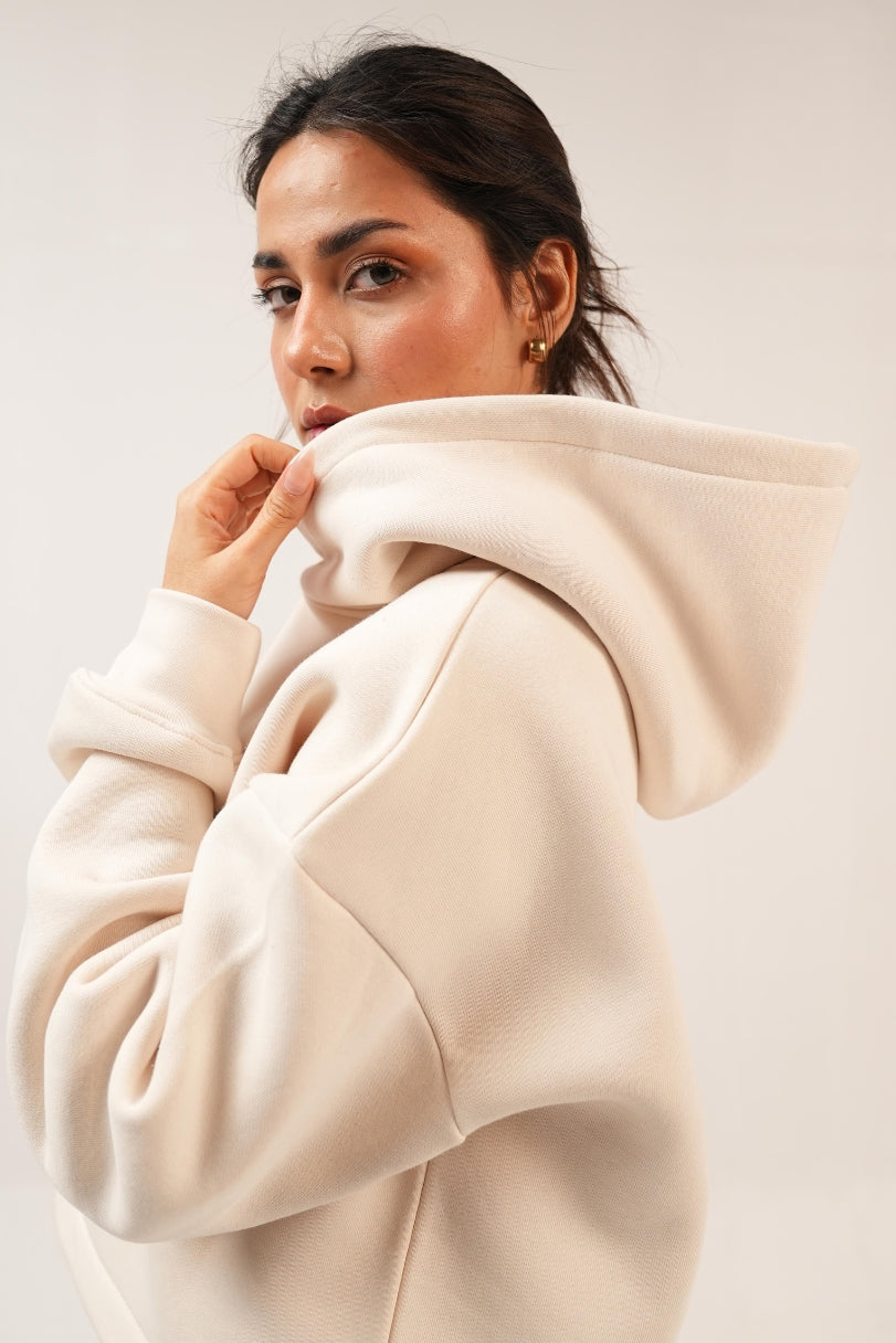 Basic Crop hoodie Co-ord Set - Beige