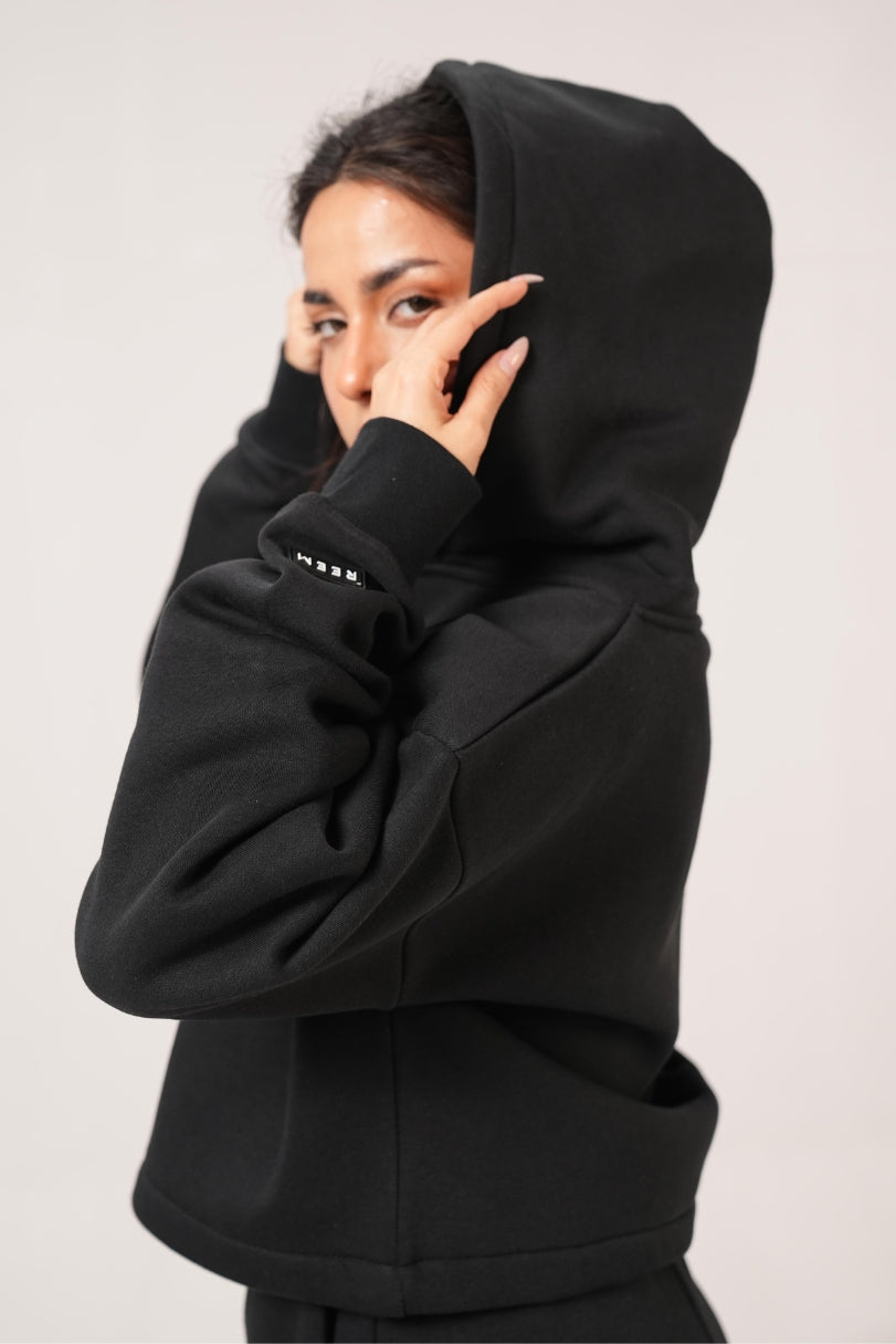 Basic Crop hoodie Co-ord set - Coal Black