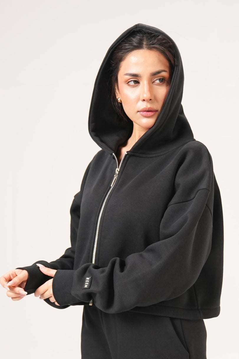 Basic Crop hoodie Co-ord set - Coal Black