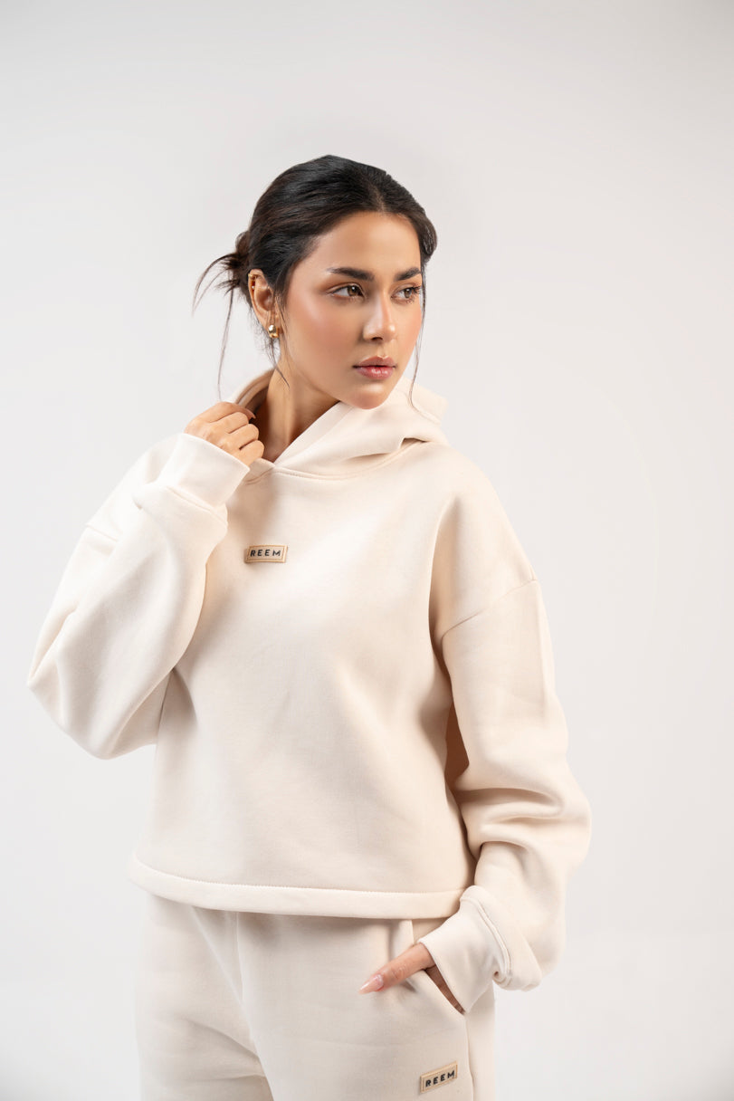 Basic Crop hoodie Co-ord Set - Beige
