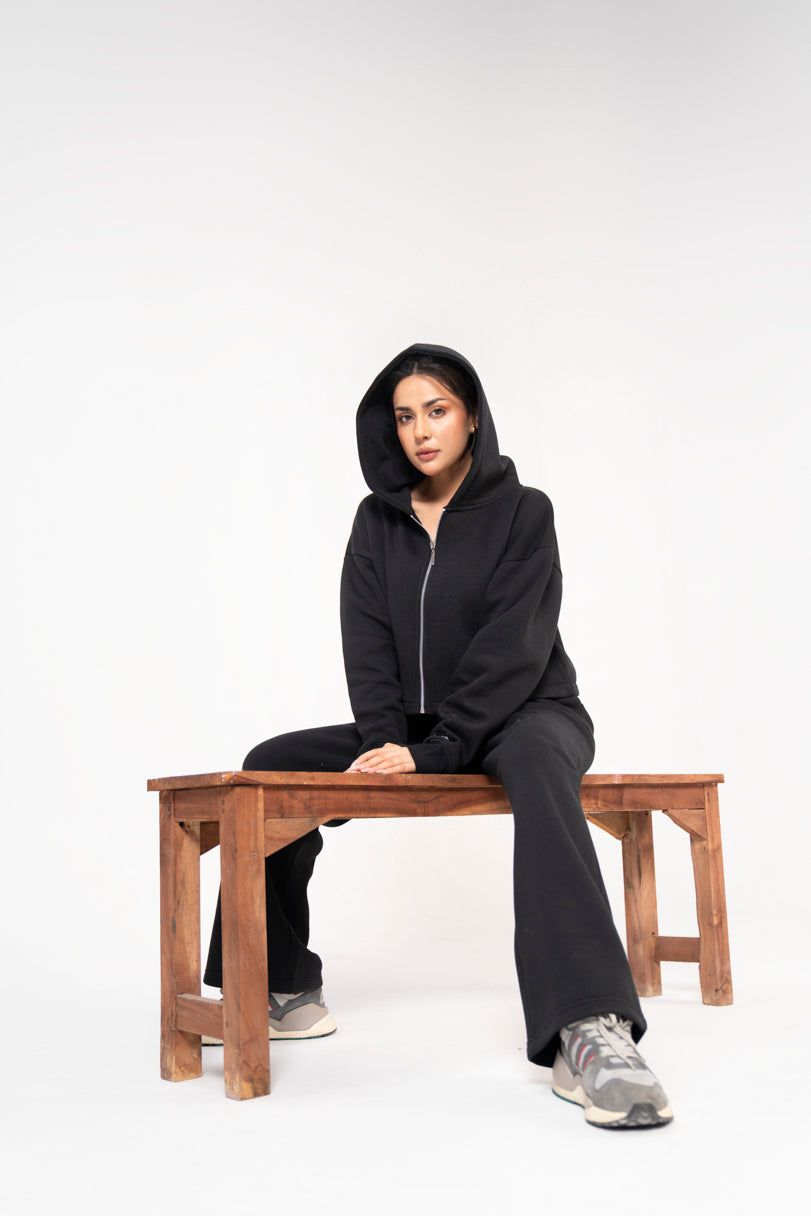 Basic Crop hoodie Co-ord set - Coal Black